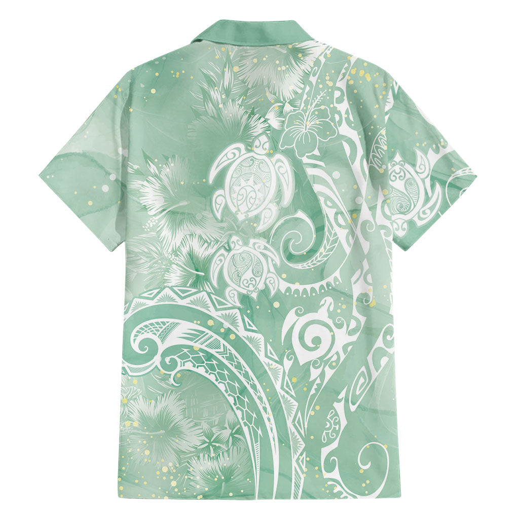 Aloha Hawaii Turtles Floral Family Matching Long Sleeve Bodycon Dress and Hawaiian Shirt Seafoam Marbles Glaze