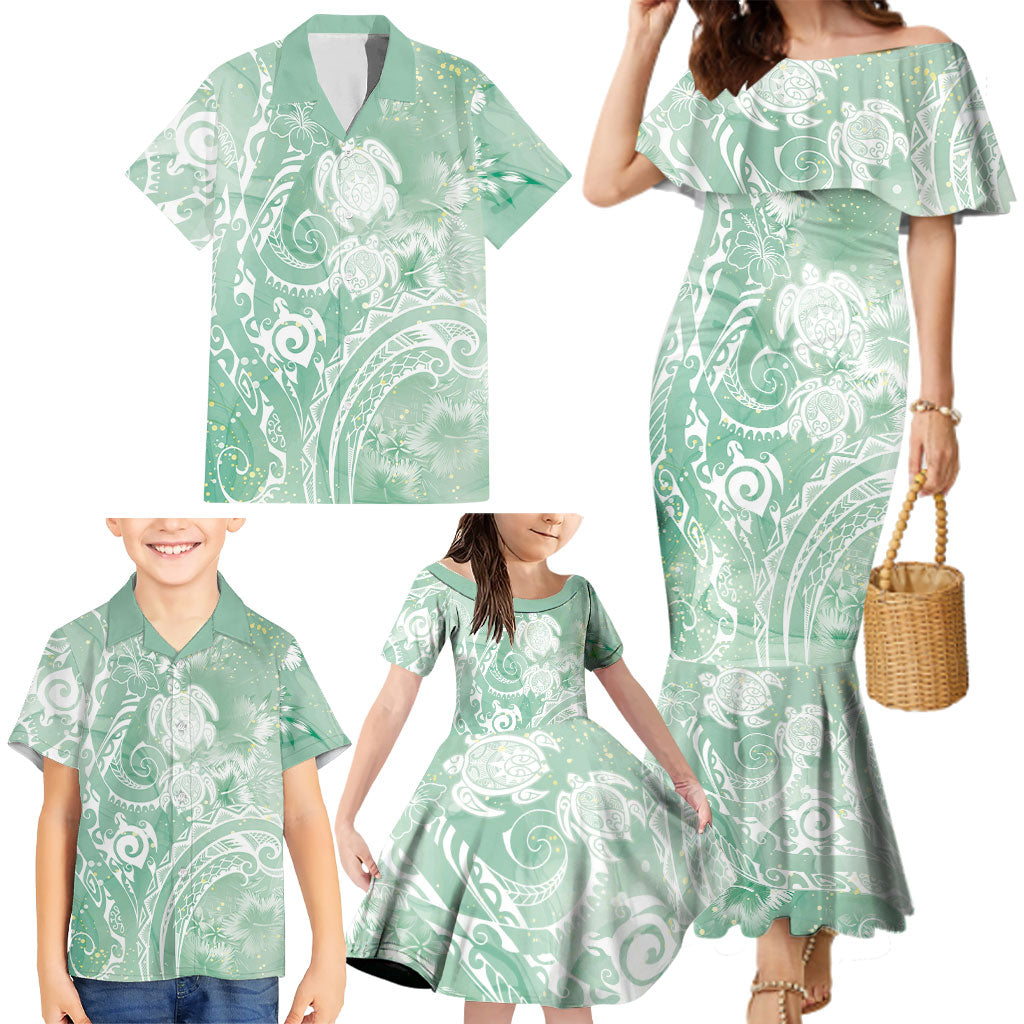 Aloha Hawaii Turtles Floral Family Matching Mermaid Dress and Hawaiian Shirt Seafoam Marbles Glaze