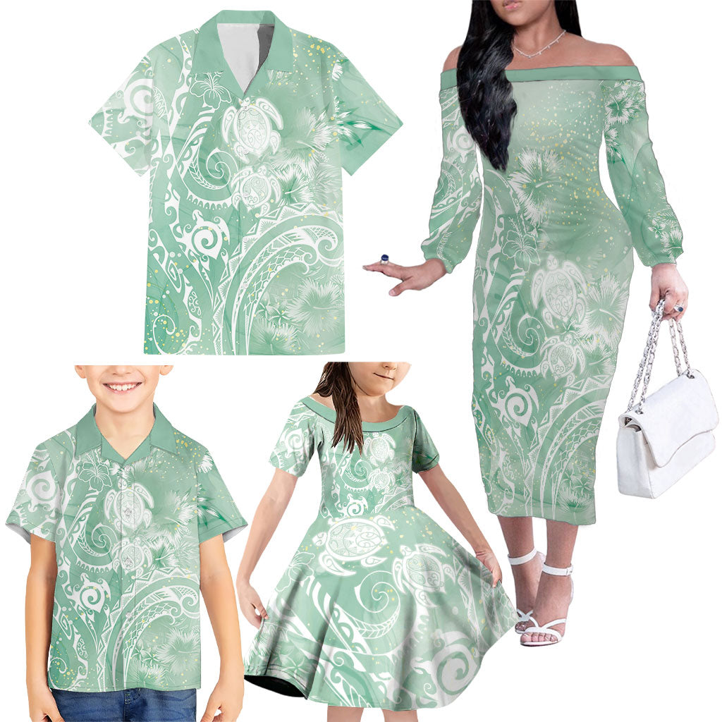 Aloha Hawaii Turtles Floral Family Matching Off The Shoulder Long Sleeve Dress and Hawaiian Shirt Seafoam Marbles Glaze LT7 - Polynesian Pride