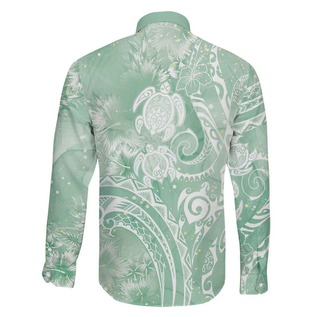 Aloha Hawaii Turtles Floral Family Matching Off The Shoulder Long Sleeve Dress and Hawaiian Shirt Seafoam Marbles Glaze