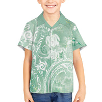 Aloha Hawaii Turtles Floral Family Matching Off The Shoulder Long Sleeve Dress and Hawaiian Shirt Seafoam Marbles Glaze