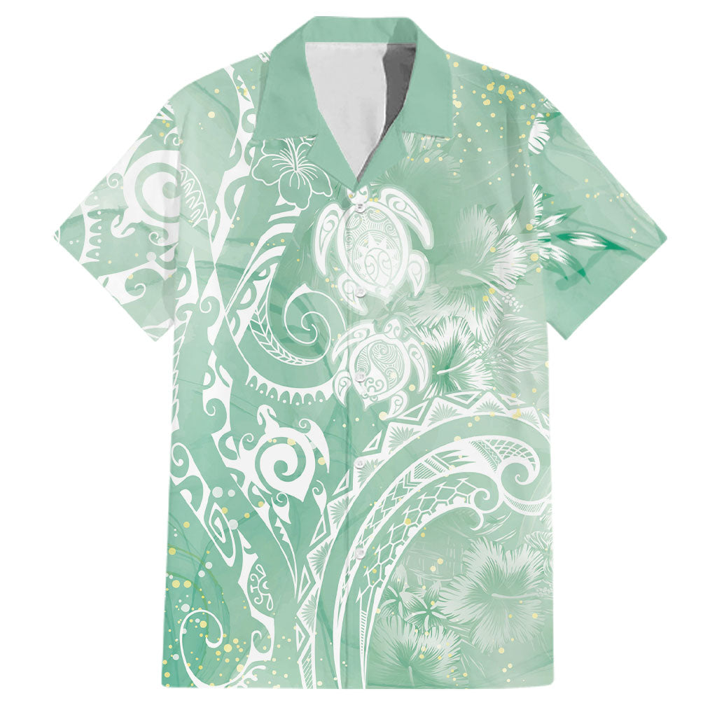 Aloha Hawaii Turtles Floral Family Matching Off Shoulder Maxi Dress and Hawaiian Shirt Seafoam Marbles Glaze