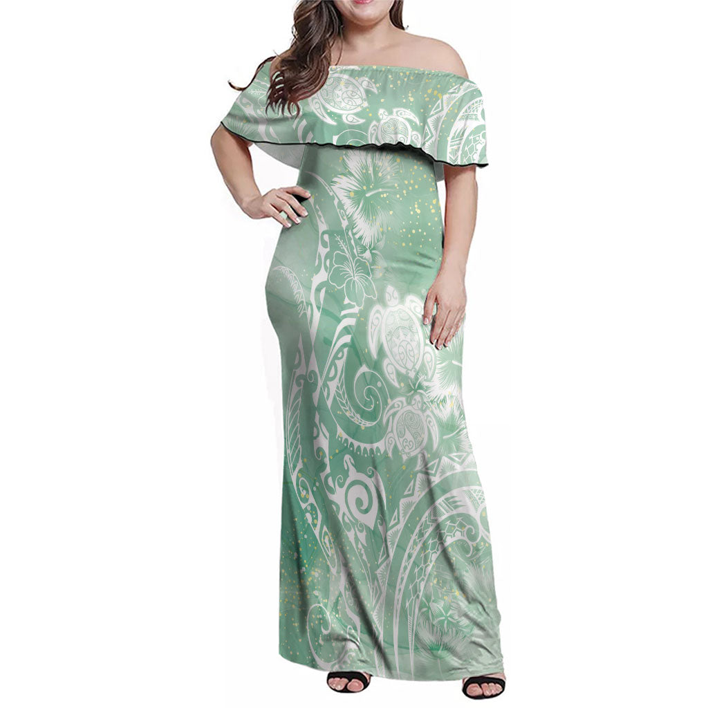 Aloha Hawaii Turtles Floral Family Matching Off Shoulder Maxi Dress and Hawaiian Shirt Seafoam Marbles Glaze