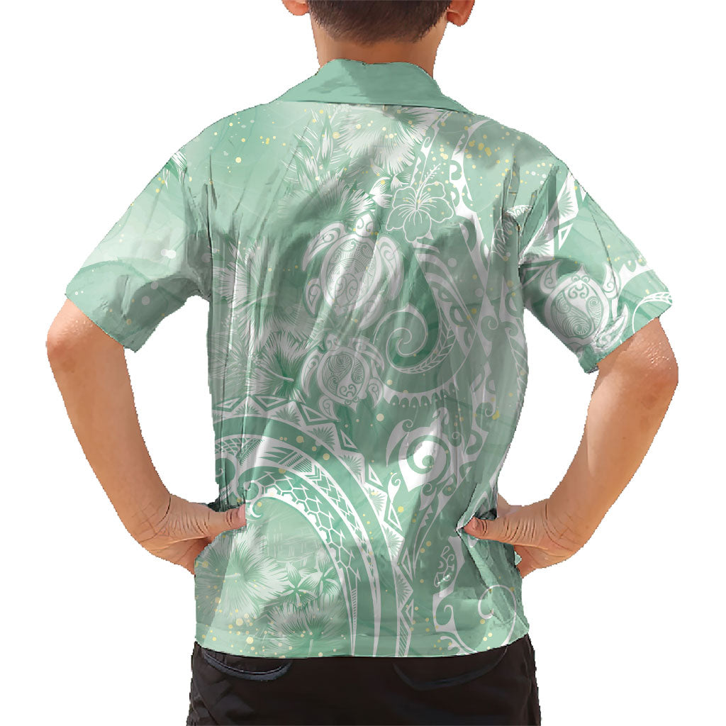 Aloha Hawaii Turtles Floral Family Matching Off Shoulder Short Dress and Hawaiian Shirt Seafoam Marbles Glaze