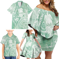Aloha Hawaii Turtles Floral Family Matching Off Shoulder Short Dress and Hawaiian Shirt Seafoam Marbles Glaze