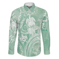 Aloha Hawaii Turtles Floral Family Matching Off Shoulder Short Dress and Hawaiian Shirt Seafoam Marbles Glaze