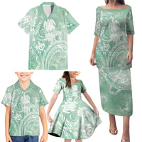 Aloha Hawaii Turtles Floral Family Matching Puletasi and Hawaiian Shirt Seafoam Marbles Glaze