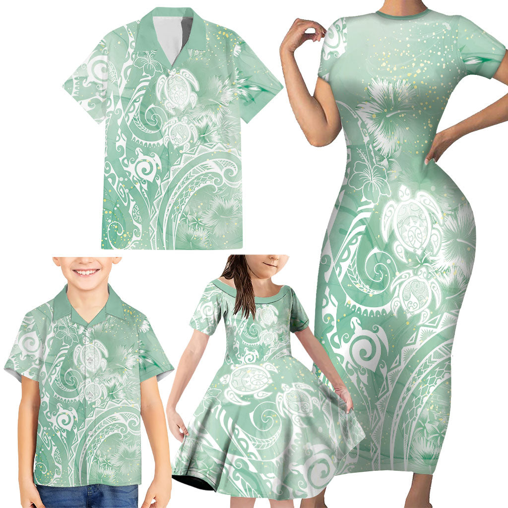 Aloha Hawaii Turtles Floral Family Matching Short Sleeve Bodycon Dress and Hawaiian Shirt Seafoam Marbles Glaze LT7 - Polynesian Pride