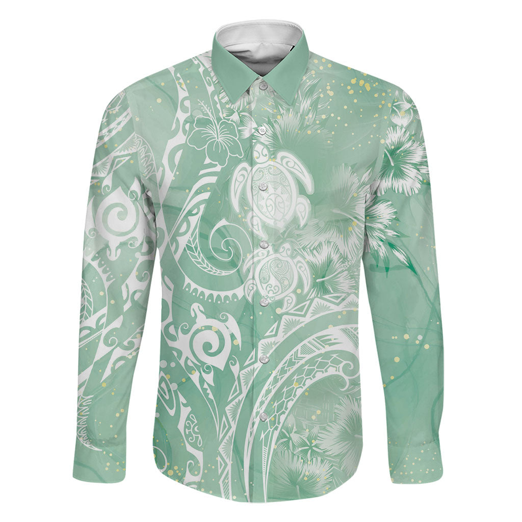 Aloha Hawaii Turtles Floral Family Matching Short Sleeve Bodycon Dress and Hawaiian Shirt Seafoam Marbles Glaze