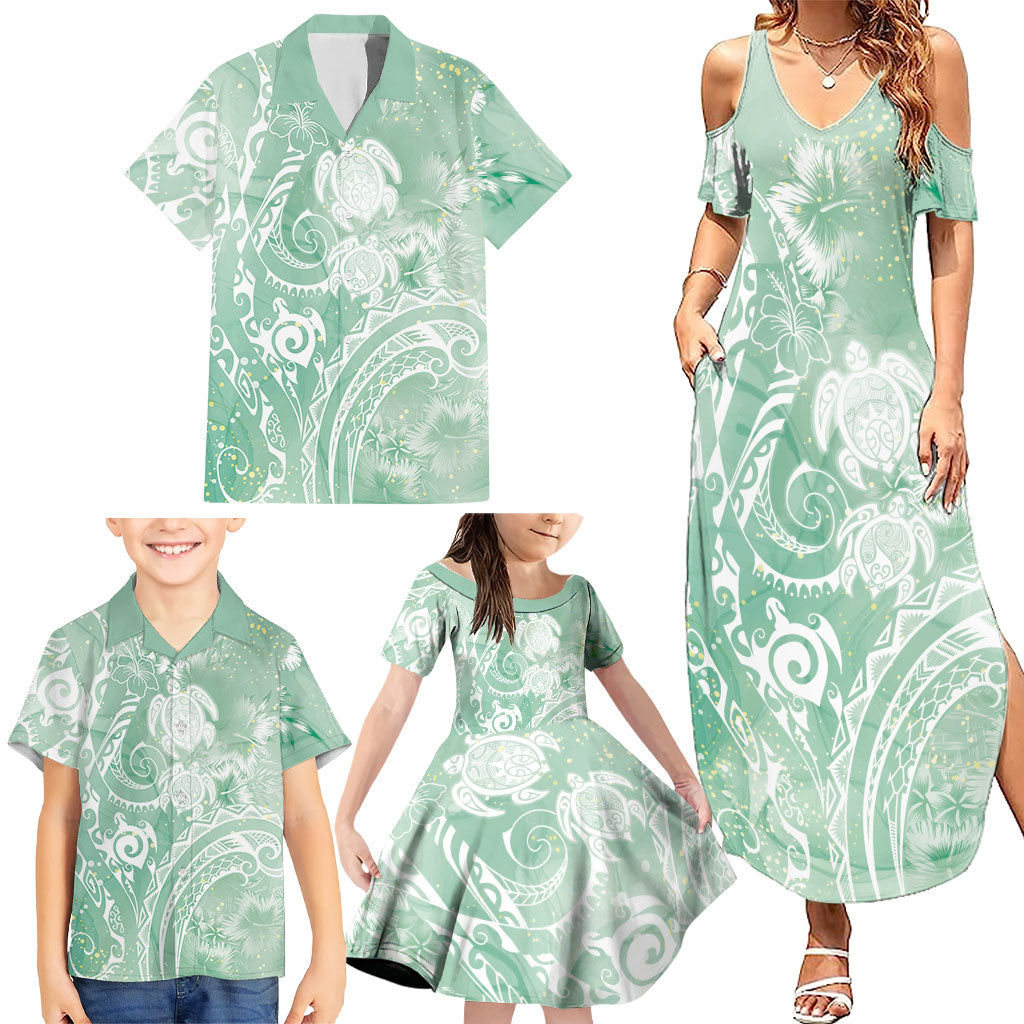 Aloha Hawaii Turtles Floral Family Matching Summer Maxi Dress and Hawaiian Shirt Seafoam Marbles Glaze