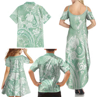 Aloha Hawaii Turtles Floral Family Matching Summer Maxi Dress and Hawaiian Shirt Seafoam Marbles Glaze