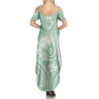 Aloha Hawaii Turtles Floral Family Matching Summer Maxi Dress and Hawaiian Shirt Seafoam Marbles Glaze