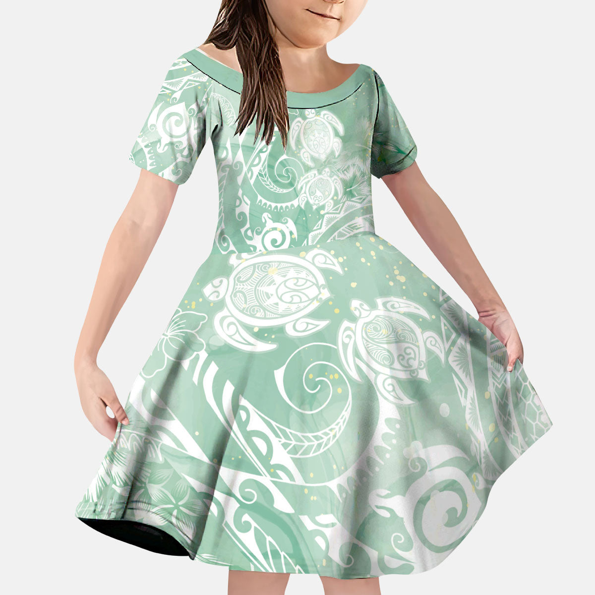 Aloha Hawaii Turtles Floral Kid Short Sleeve Dress Seafoam Marbles Glaze