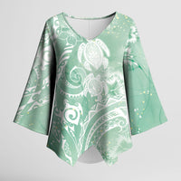 Aloha Hawaii Turtles Floral Kimono Sleeve Blouse Seafoam Marbles Glaze