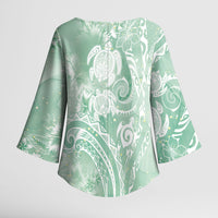 Aloha Hawaii Turtles Floral Kimono Sleeve Blouse Seafoam Marbles Glaze