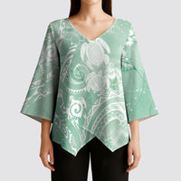 Aloha Hawaii Turtles Floral Kimono Sleeve Blouse Seafoam Marbles Glaze