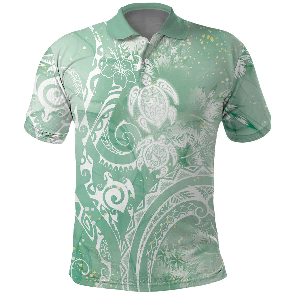 Aloha Hawaii Turtles Floral Polo Shirt Seafoam Marbles Glaze LT7 Seafoam - Polynesian Pride