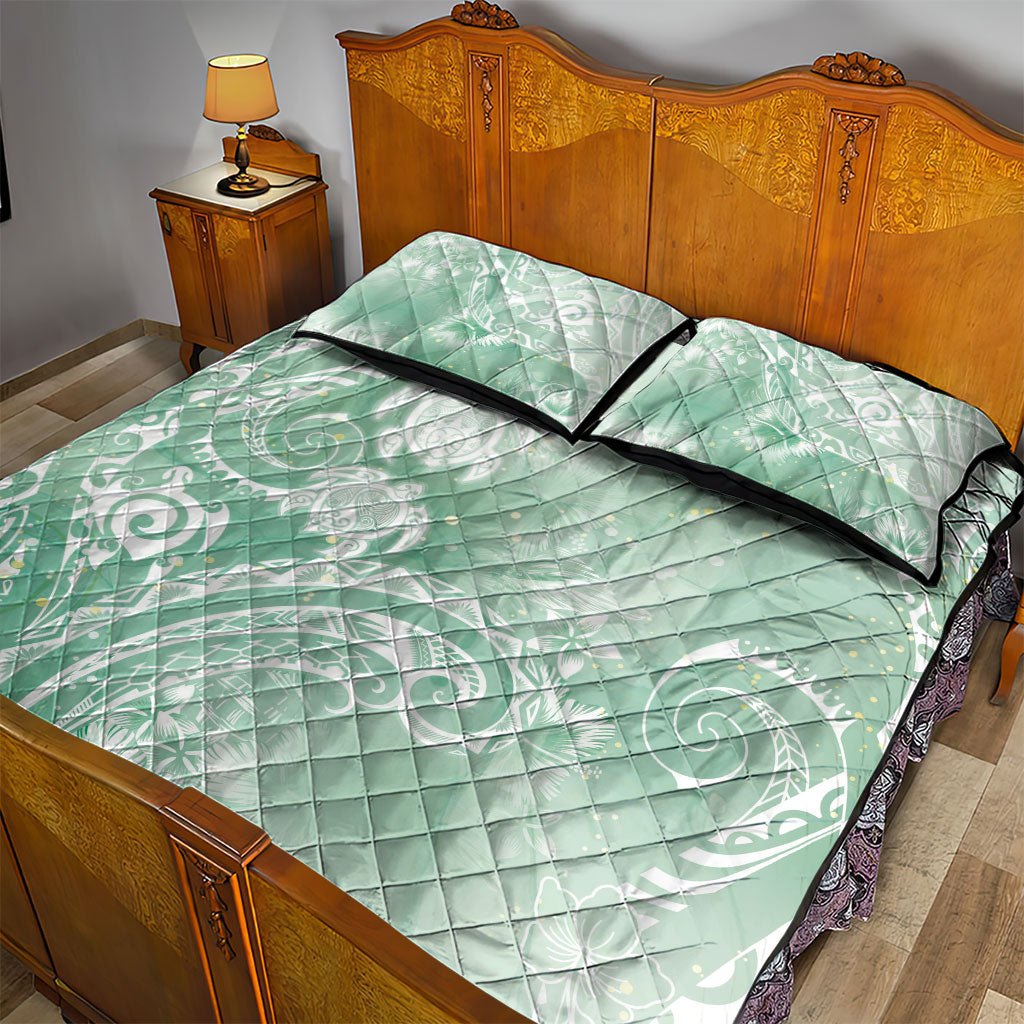 Aloha Hawaii Turtles Floral Quilt Bed Set Seafoam Marbles Glaze