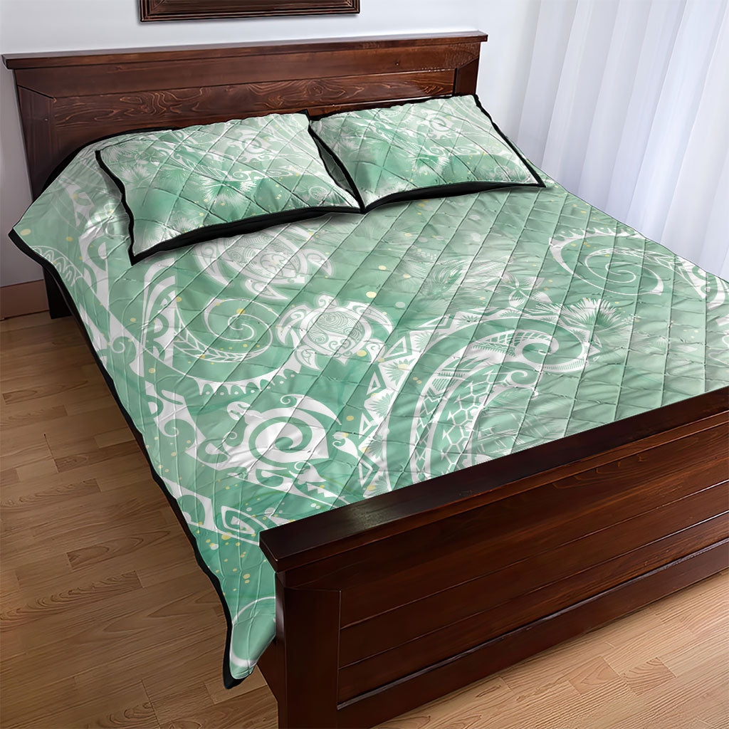 Aloha Hawaii Turtles Floral Quilt Bed Set Seafoam Marbles Glaze