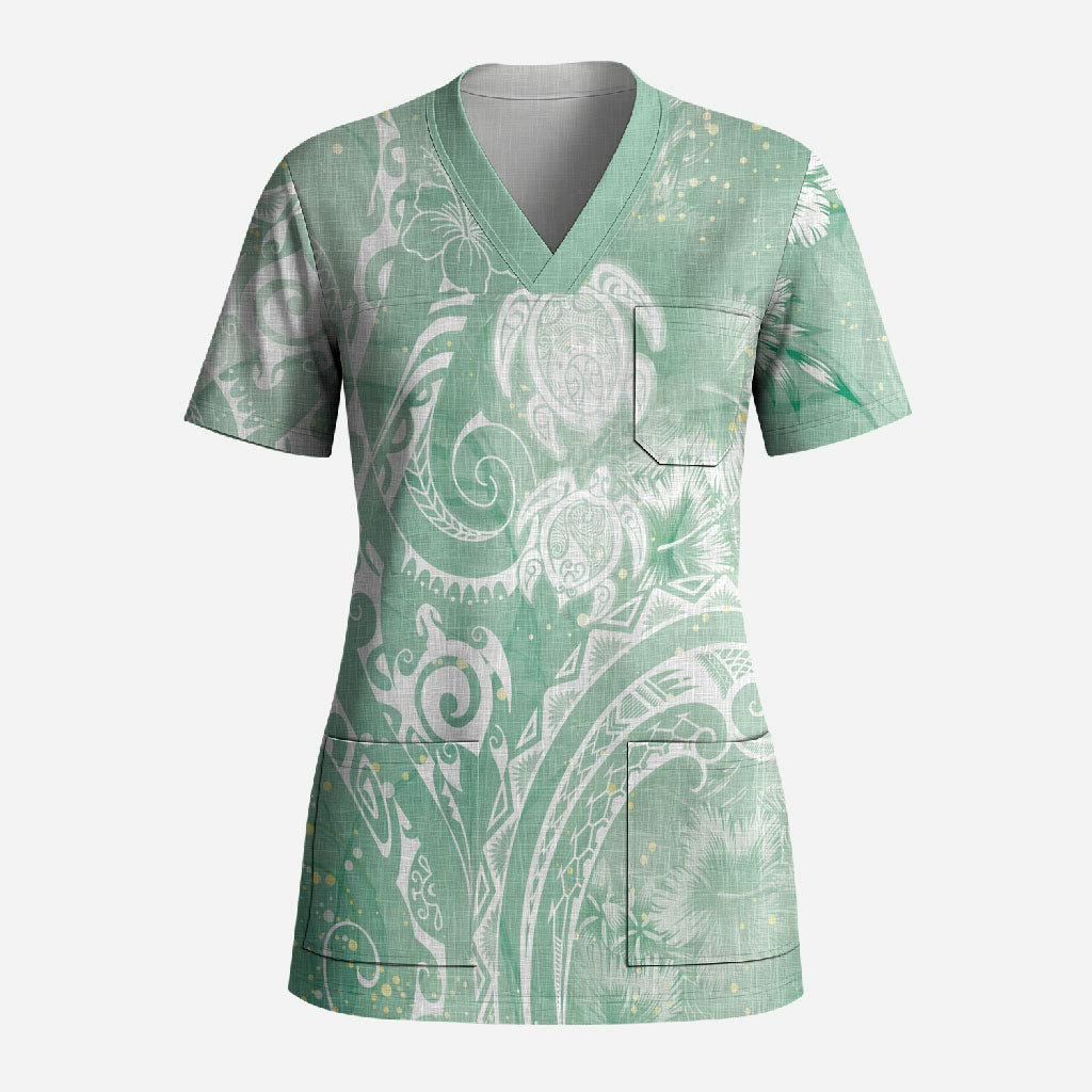 Aloha Hawaii Turtles Floral Scrub Top Seafoam Marbles Glaze