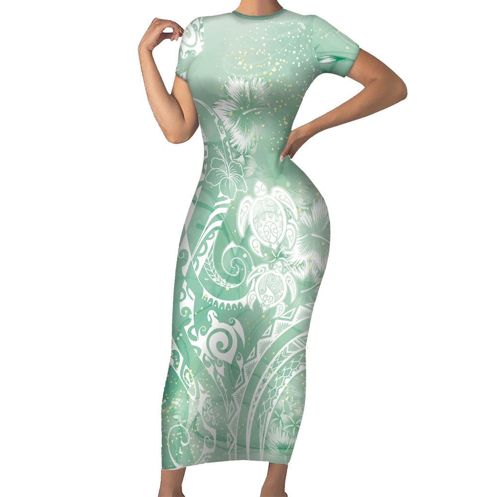 Aloha Hawaii Turtles Floral Short Sleeve Bodycon Dress Seafoam Marbles Glaze LT7 Long Dress Seafoam - Polynesian Pride