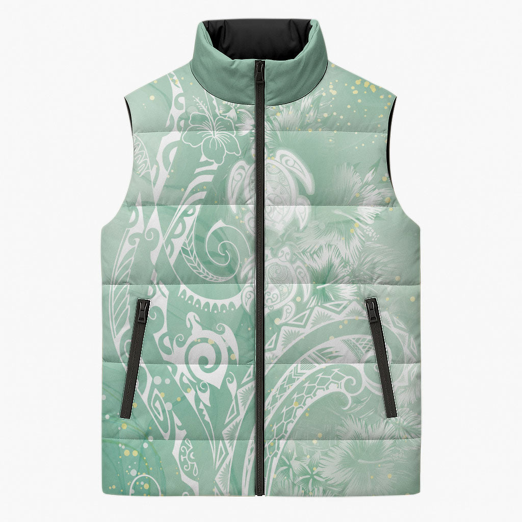 Aloha Hawaii Turtles Floral Sleeveless Puffer Jacket Seafoam Marbles Glaze LT7 Unisex Seafoam - Polynesian Pride
