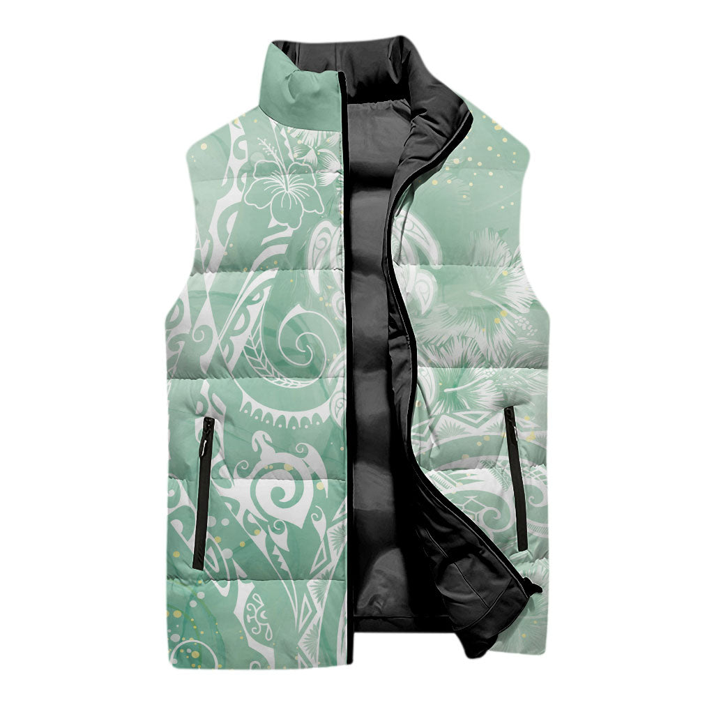 Aloha Hawaii Turtles Floral Sleeveless Puffer Jacket Seafoam Marbles Glaze