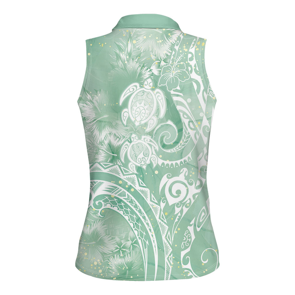 Aloha Hawaii Turtles Floral Women Sleeveless Polo Shirt Seafoam Marbles Glaze