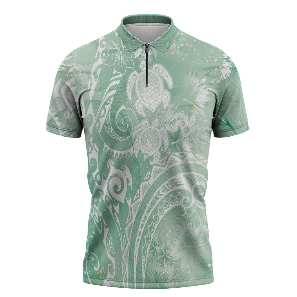 Aloha Hawaii Turtles Floral Zipper Polo Shirt Seafoam Marbles Glaze