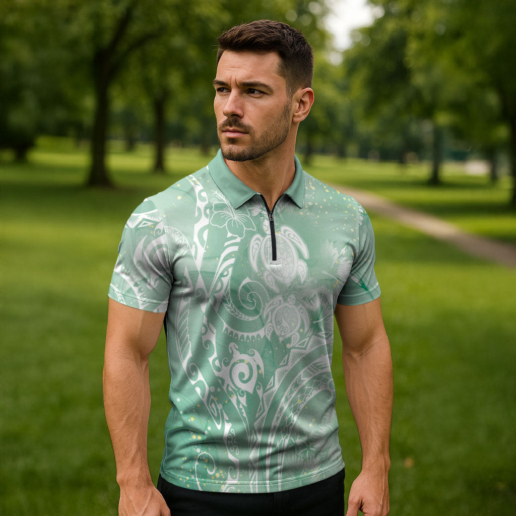 Aloha Hawaii Turtles Floral Zipper Polo Shirt Seafoam Marbles Glaze