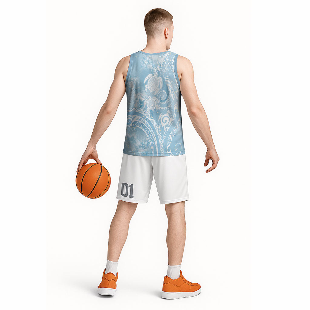 Aloha Hawaii Turtles Floral Basketball Jersey Aqua Marbles Glaze