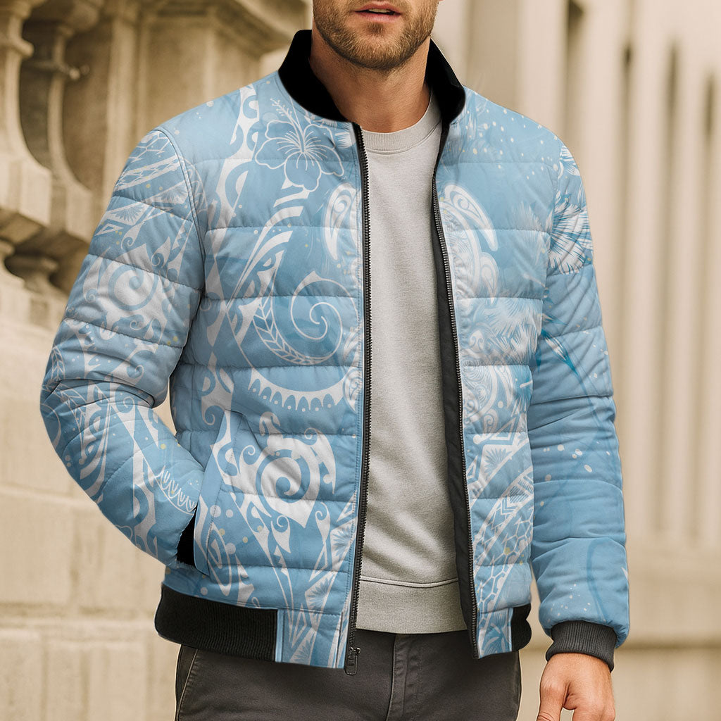 Aloha Hawaii Turtles Floral Bomber Puffer Jacket Aqua Marbles Glaze
