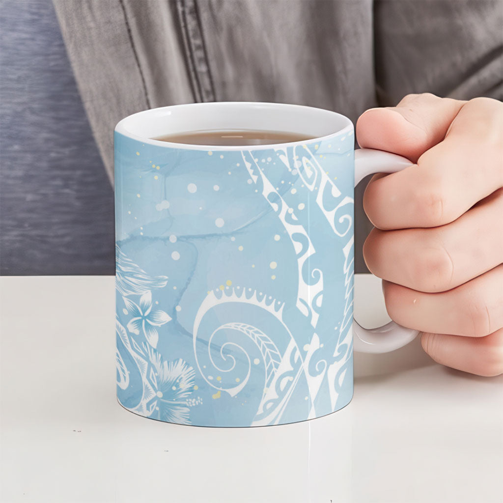 Aloha Hawaii Turtles Floral Ceramic Mug Aqua Marbles Glaze