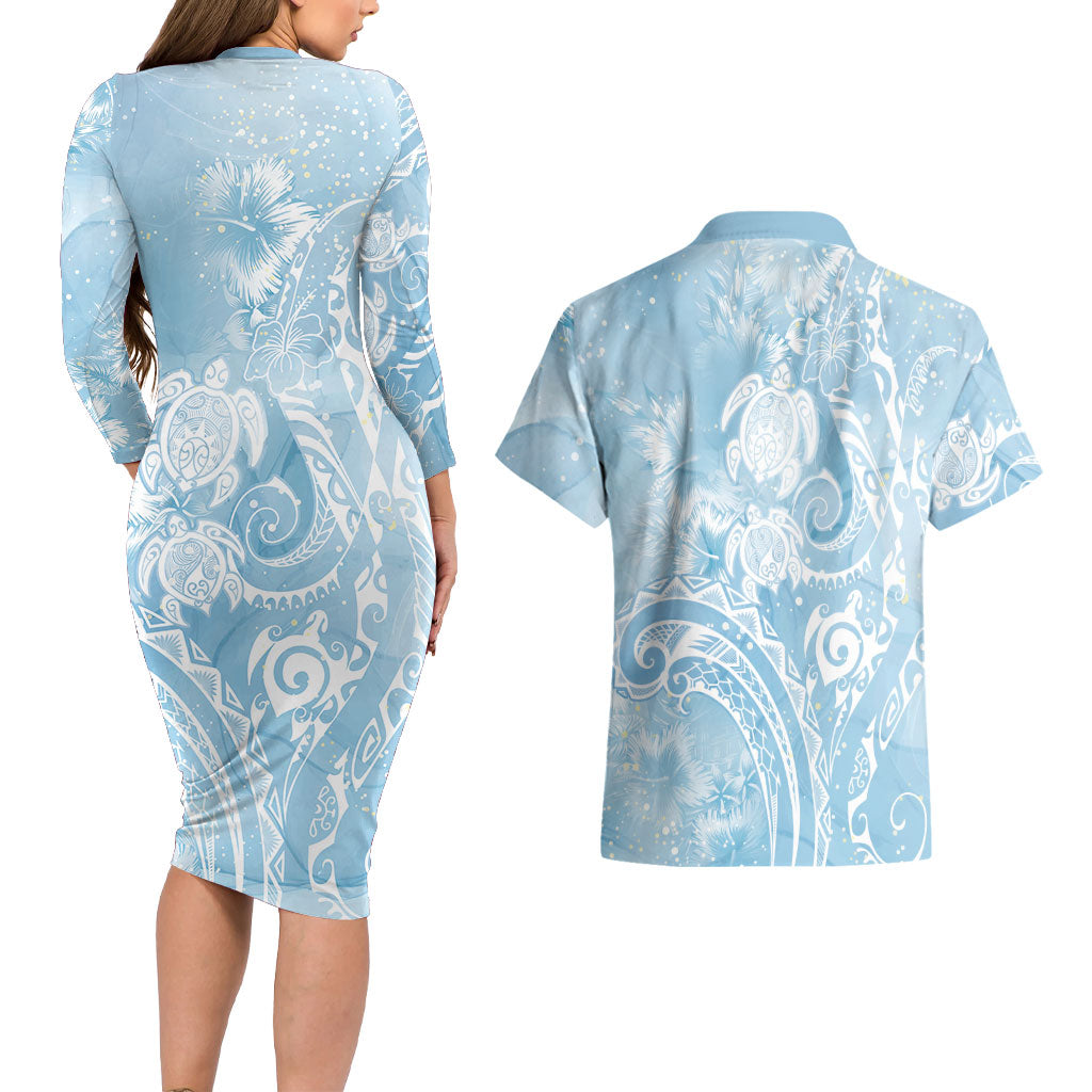 Aloha Hawaii Turtles Floral Couples Matching Long Sleeve Bodycon Dress and Hawaiian Shirt Aqua Marbles Glaze