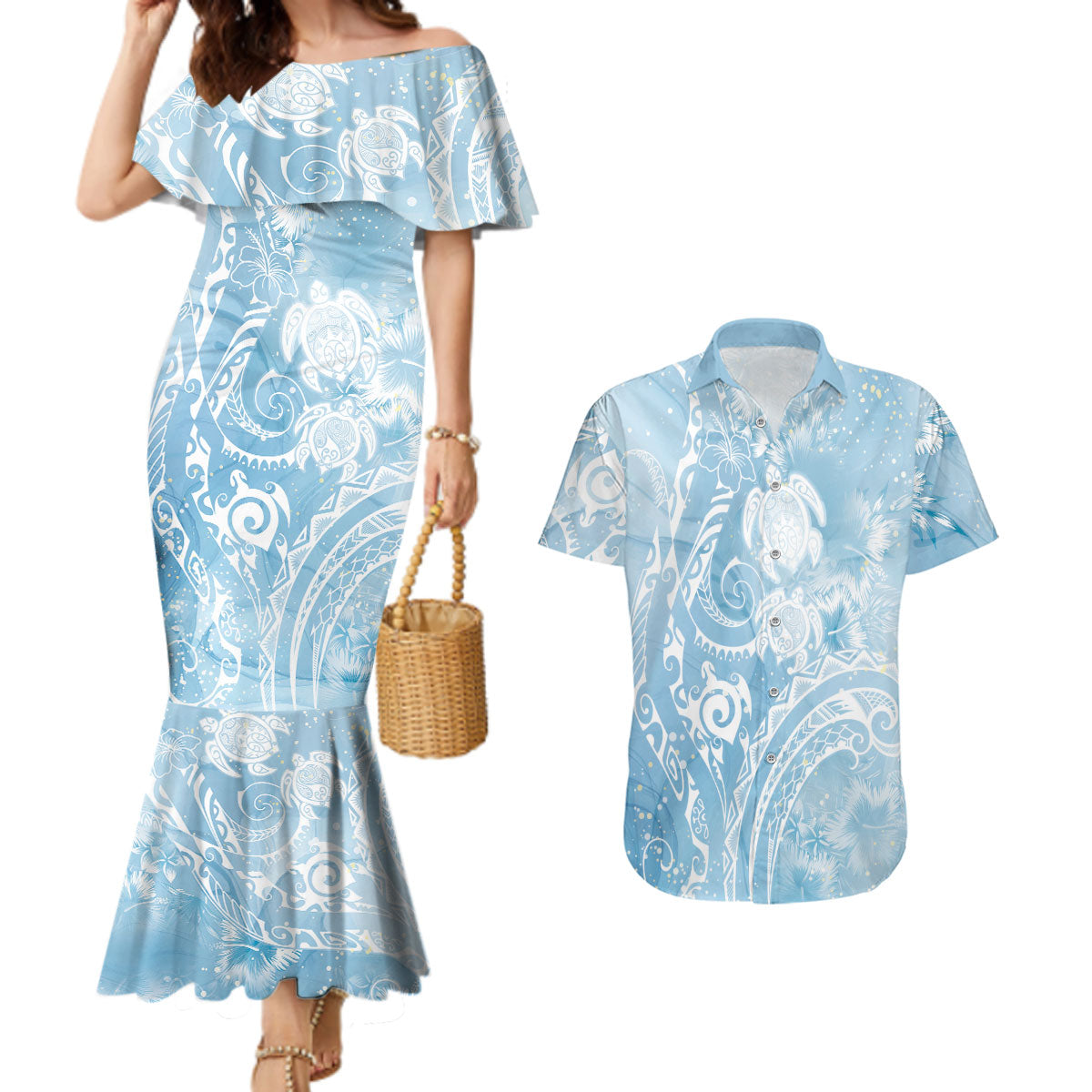 Aloha Hawaii Turtles Floral Couples Matching Mermaid Dress and Hawaiian Shirt Aqua Marbles Glaze LT7 Aqua - Polynesian Pride