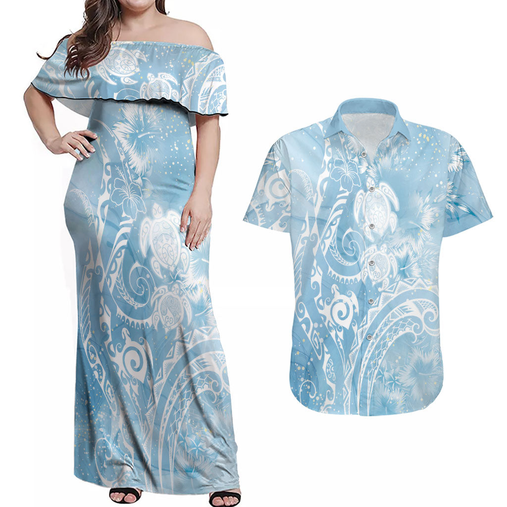 Aloha Hawaii Turtles Floral Couples Matching Off Shoulder Maxi Dress and Hawaiian Shirt Aqua Marbles Glaze
