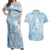 Aloha Hawaii Turtles Floral Couples Matching Off Shoulder Maxi Dress and Hawaiian Shirt Aqua Marbles Glaze