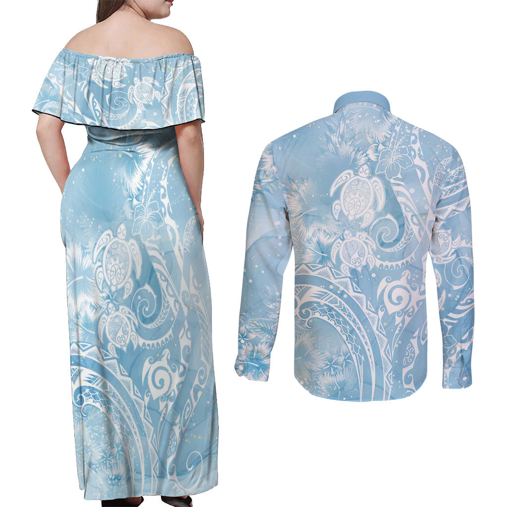 Aloha Hawaii Turtles Floral Couples Matching Off Shoulder Maxi Dress and Long Sleeve Button Shirt Aqua Marbles Glaze