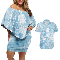 Aloha Hawaii Turtles Floral Couples Matching Off Shoulder Short Dress and Hawaiian Shirt Aqua Marbles Glaze