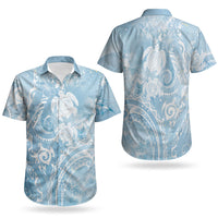 Aloha Hawaii Turtles Floral Couples Matching Off Shoulder Short Dress and Hawaiian Shirt Aqua Marbles Glaze LT7 - Polynesian Pride