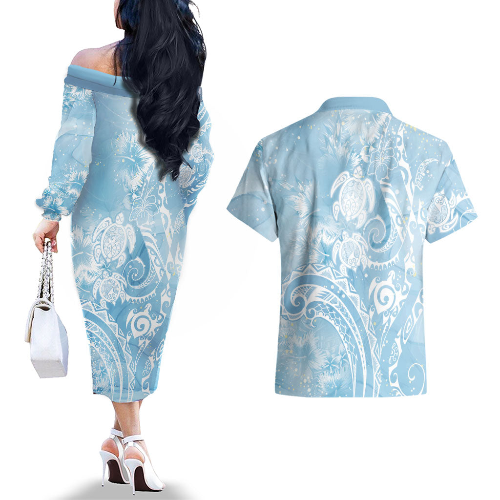 Aloha Hawaii Turtles Floral Couples Matching Off The Shoulder Long Sleeve Dress and Hawaiian Shirt Aqua Marbles Glaze