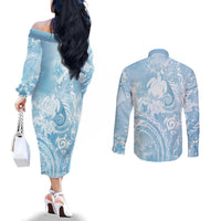 Aloha Hawaii Turtles Floral Couples Matching Off The Shoulder Long Sleeve Dress and Long Sleeve Button Shirt Aqua Marbles Glaze