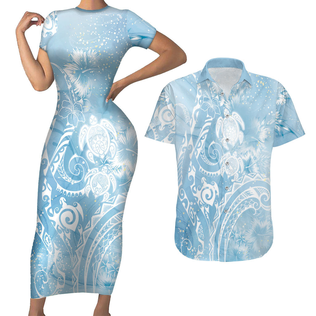Aloha Hawaii Turtles Floral Couples Matching Short Sleeve Bodycon Dress and Hawaiian Shirt Aqua Marbles Glaze LT7 Aqua - Polynesian Pride