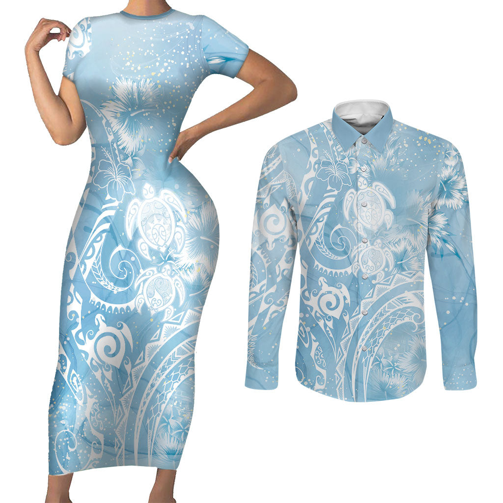 Aloha Hawaii Turtles Floral Couples Matching Short Sleeve Bodycon Dress and Long Sleeve Button Shirt Aqua Marbles Glaze