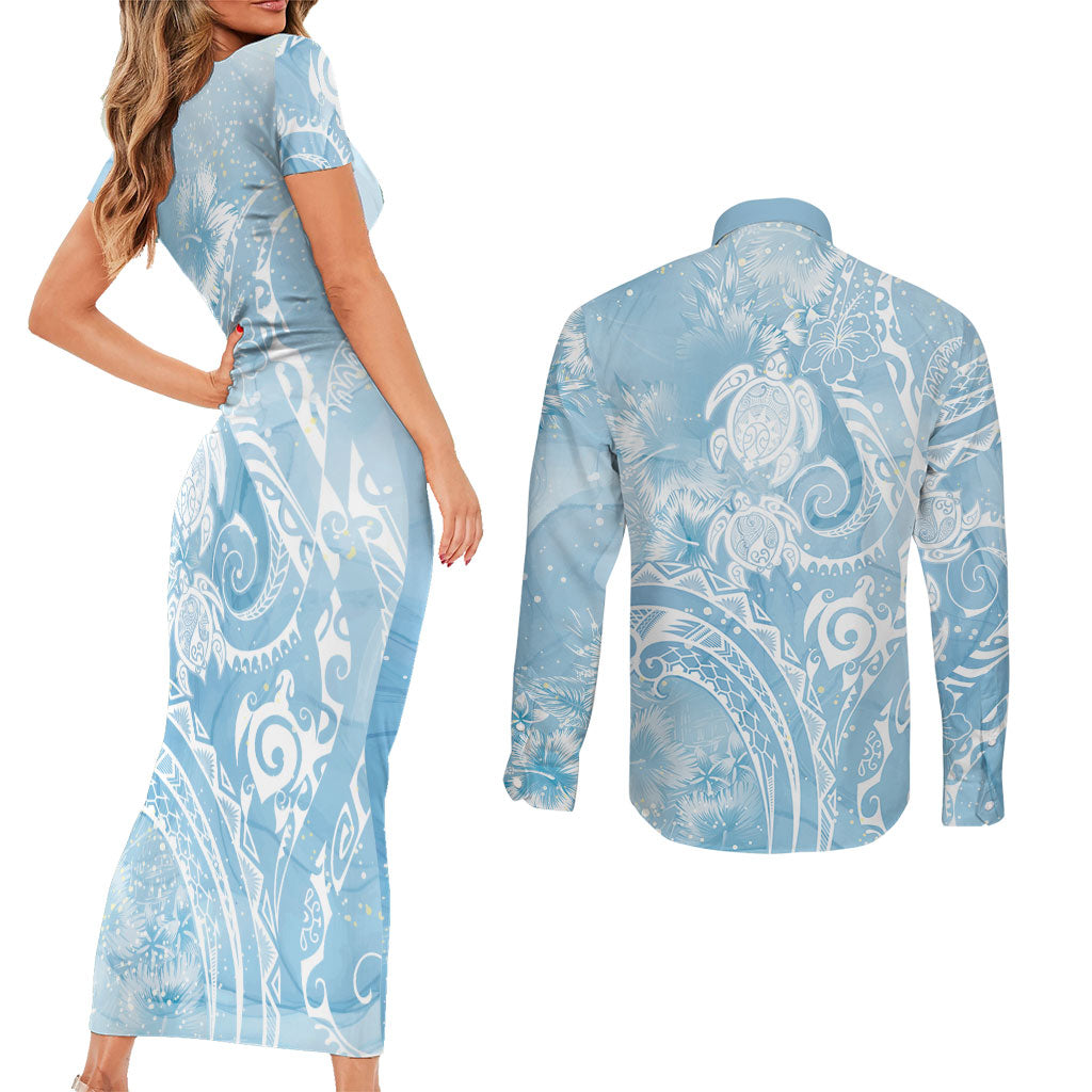 Aloha Hawaii Turtles Floral Couples Matching Short Sleeve Bodycon Dress and Long Sleeve Button Shirt Aqua Marbles Glaze