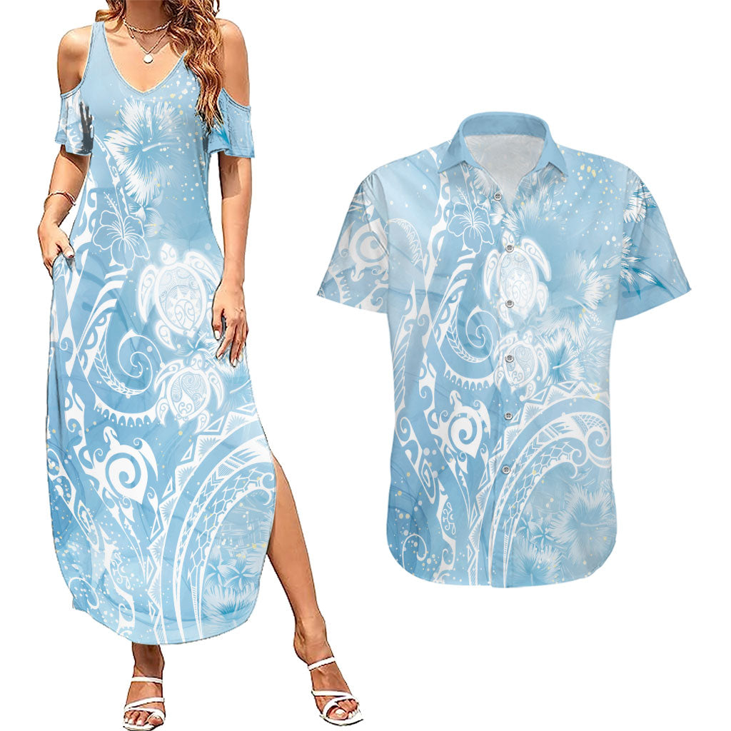 Aloha Hawaii Turtles Floral Couples Matching Summer Maxi Dress and Hawaiian Shirt Aqua Marbles Glaze LT7 Aqua - Polynesian Pride