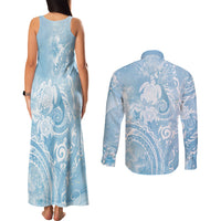 Aloha Hawaii Turtles Floral Couples Matching Tank Maxi Dress and Long Sleeve Button Shirt Aqua Marbles Glaze