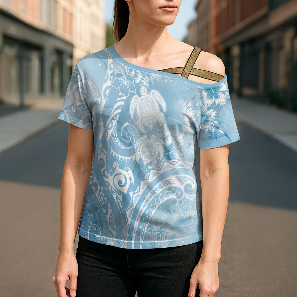 Aloha Hawaii Turtles Floral Cross Shoulder Shirt Aqua Marbles Glaze