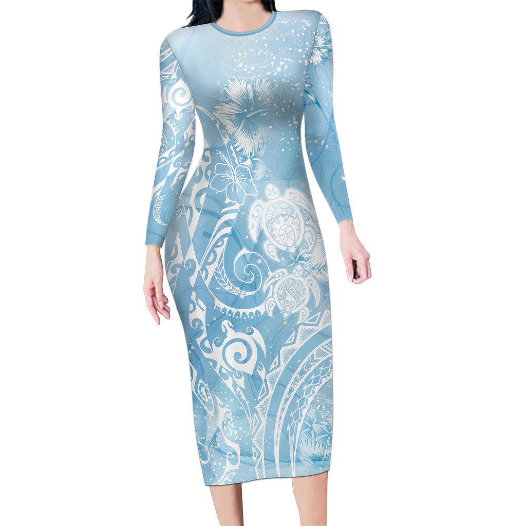 Aloha Hawaii Turtles Floral Family Matching Long Sleeve Bodycon Dress and Hawaiian Shirt Aqua Marbles Glaze
