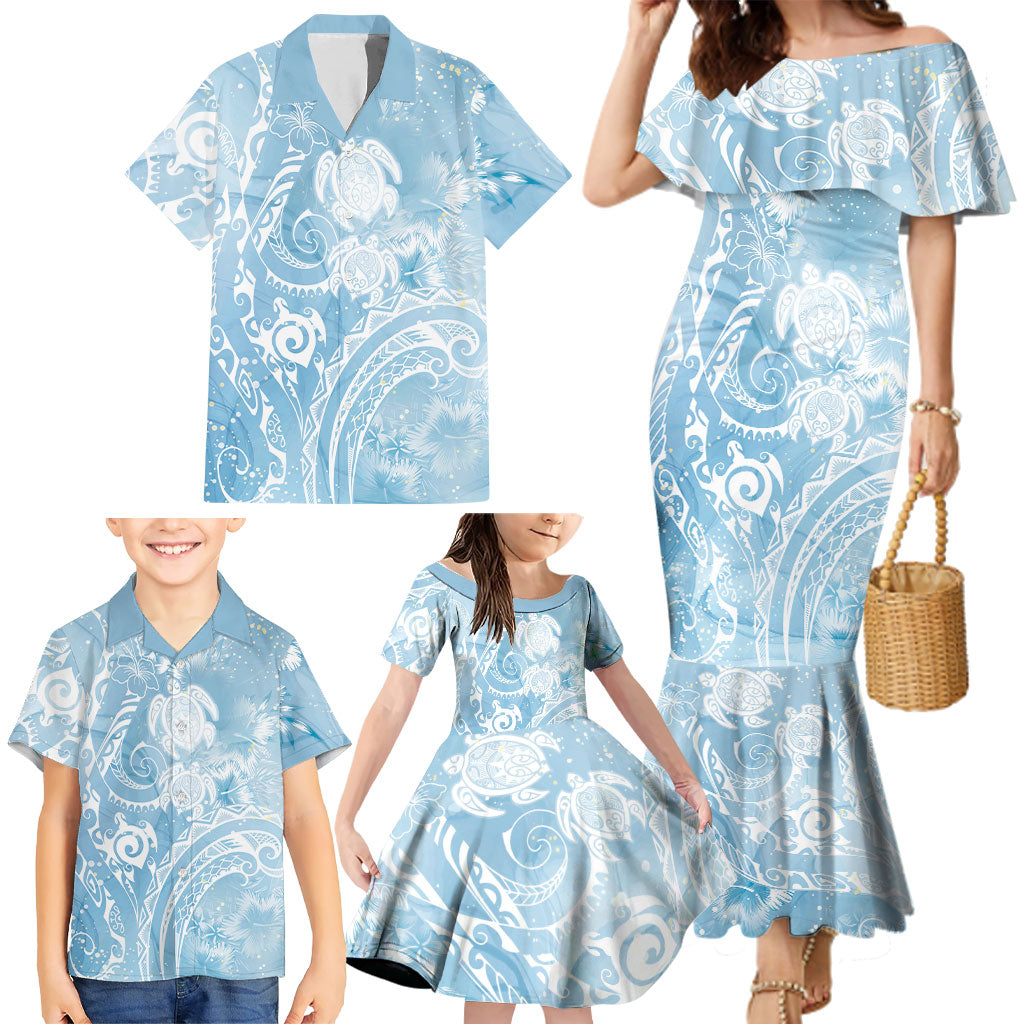 Aloha Hawaii Turtles Floral Family Matching Mermaid Dress and Hawaiian Shirt Aqua Marbles Glaze
